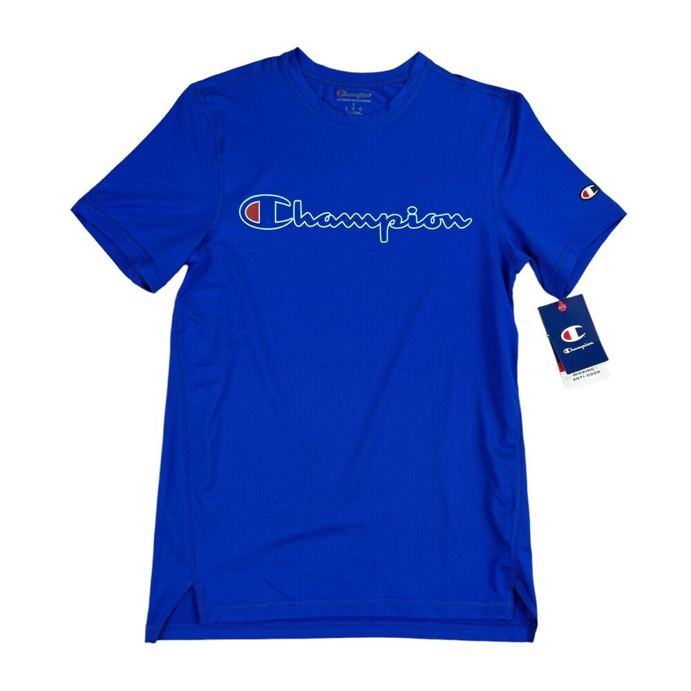 Champion Mens MVP Script Logo Short Sleeve Mesh Crewneck T-Shirt Blue S